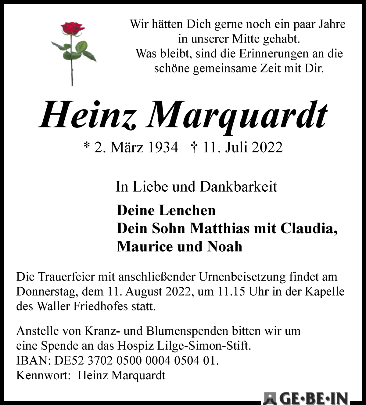  Traueranzeige für Heinz Marquardt vom 23.07.2022 aus WESER-KURIER