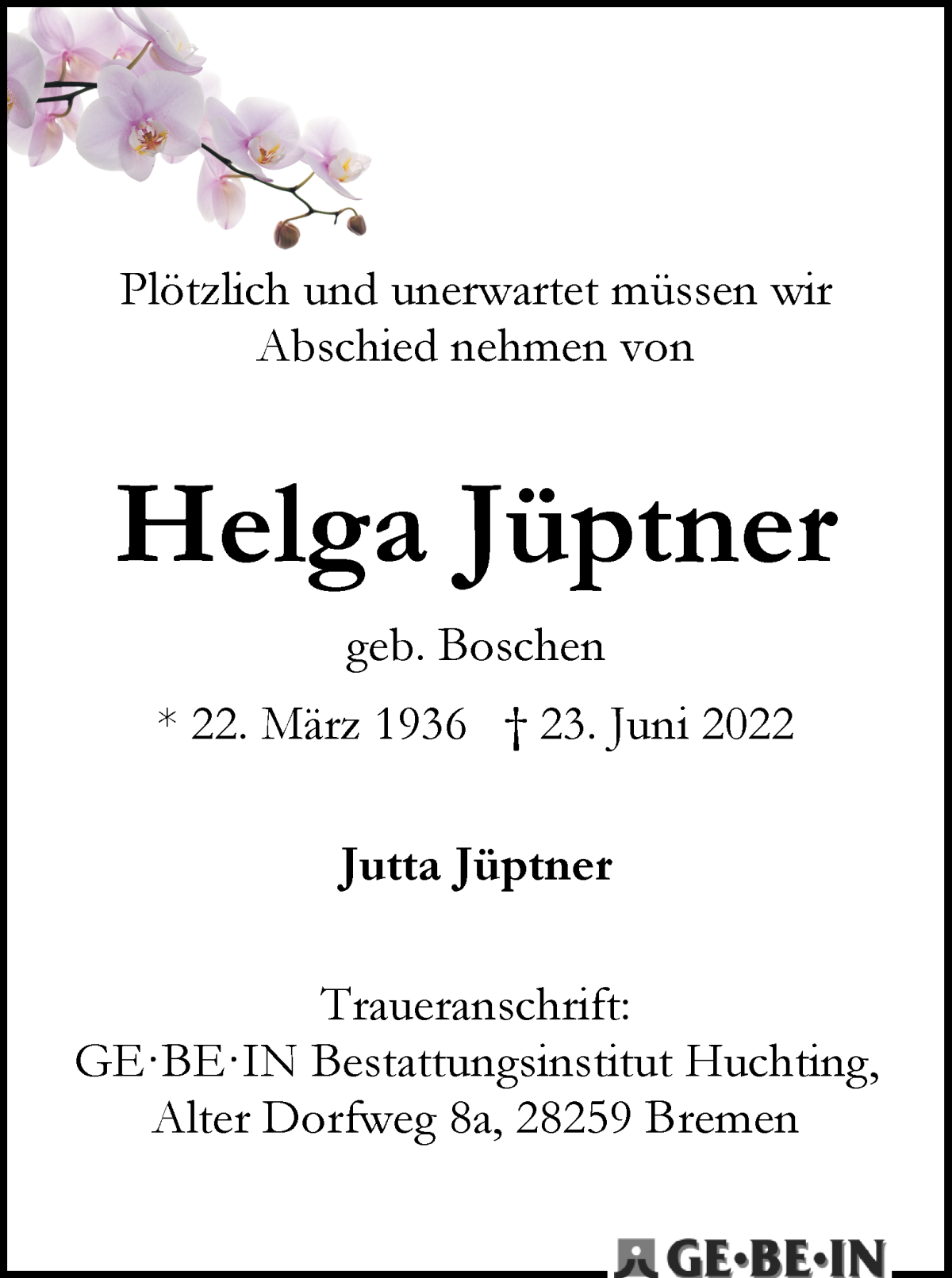 Traueranzeige von Helga Jüptner von WESER-KURIER