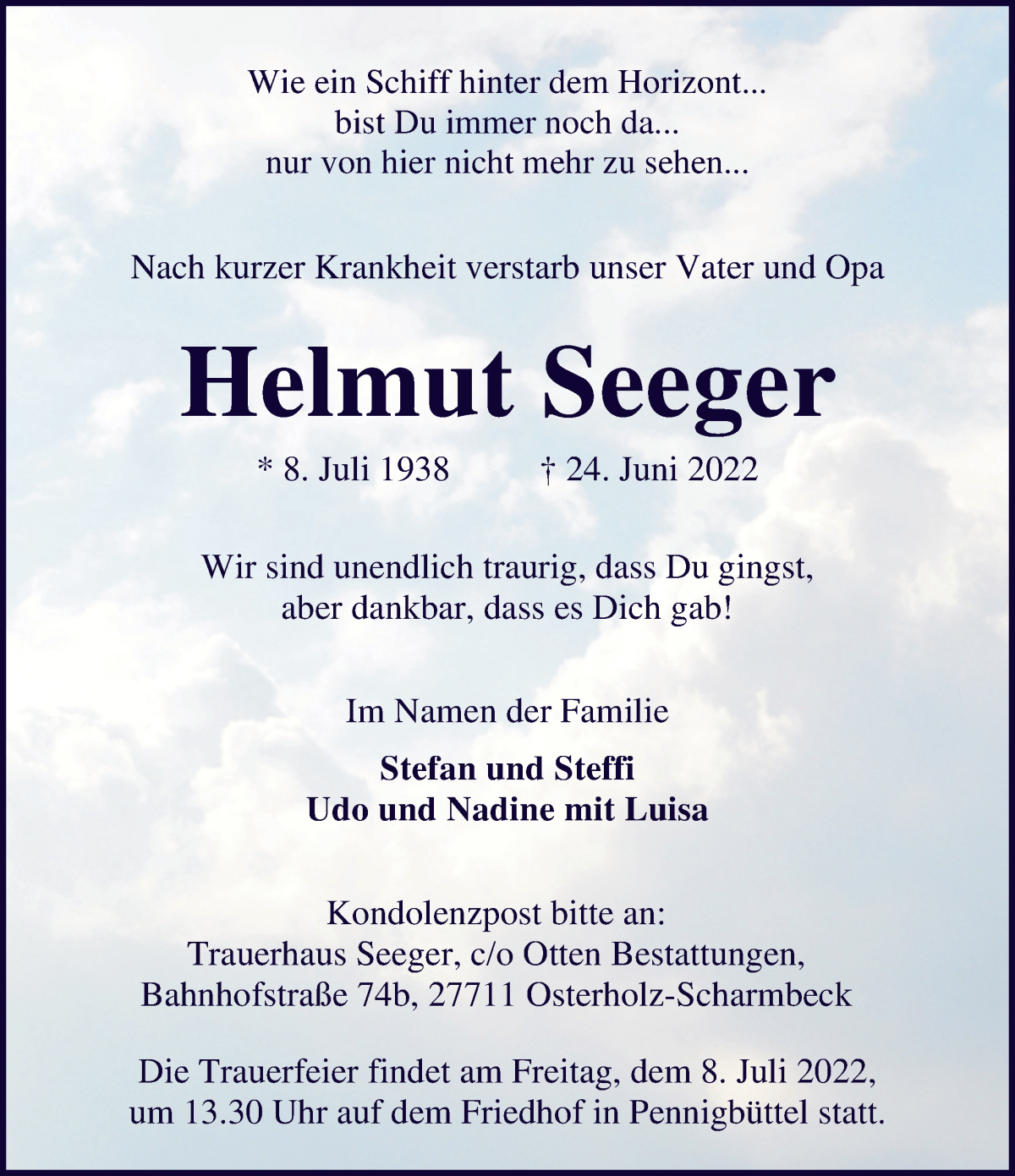  Traueranzeige für Helmut Seeger vom 02.07.2022 aus Osterholzer Kreisblatt