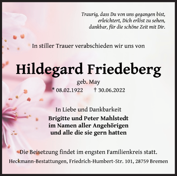 Traueranzeige von Hildegard Friedeberg von WESER-KURIER