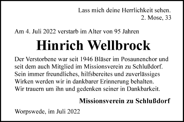 Traueranzeige von Hinrich (Hinni) Wellbrock von Wuemme Zeitung