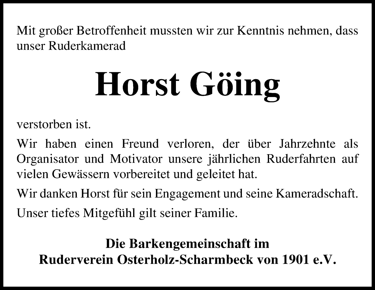 Traueranzeige von Horst Göing von Osterholzer Kreisblatt