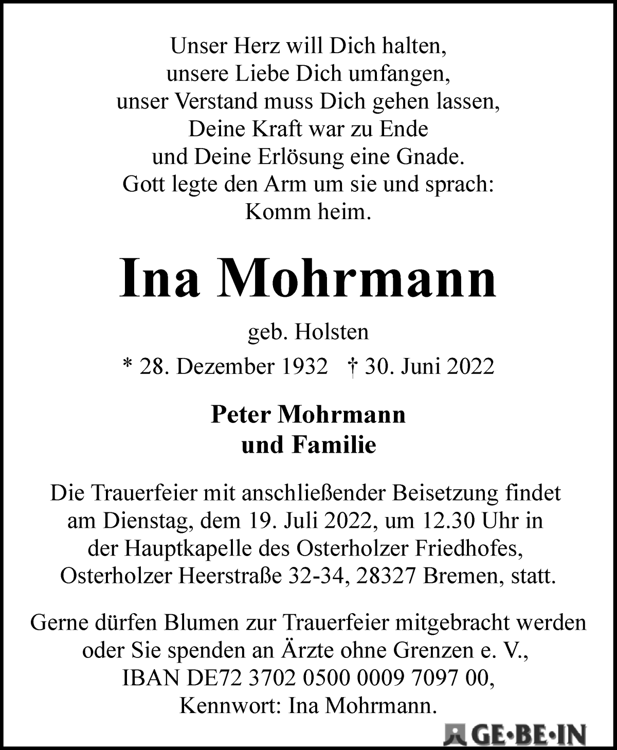 Traueranzeige von Ina Mohrmann von WESER-KURIER