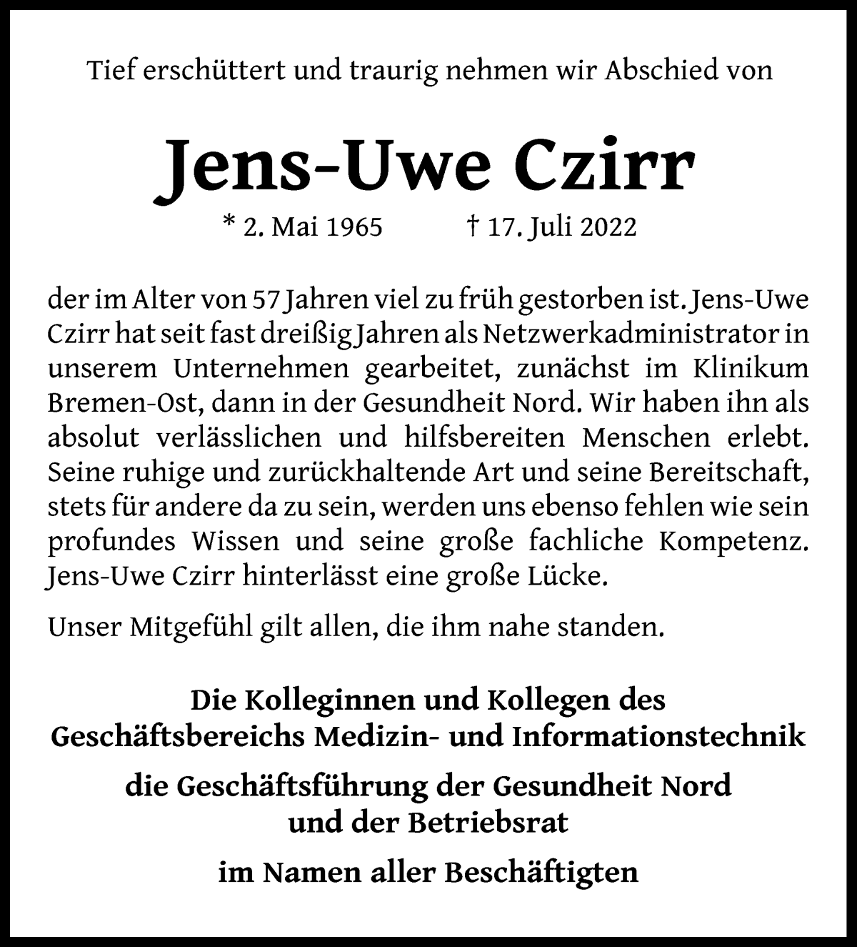  Traueranzeige für Jens-Uwe Czirr vom 30.07.2022 aus WESER-KURIER