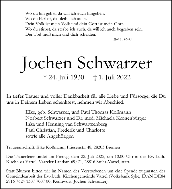 Traueranzeige von Jochen Schwarzer von WESER-KURIER