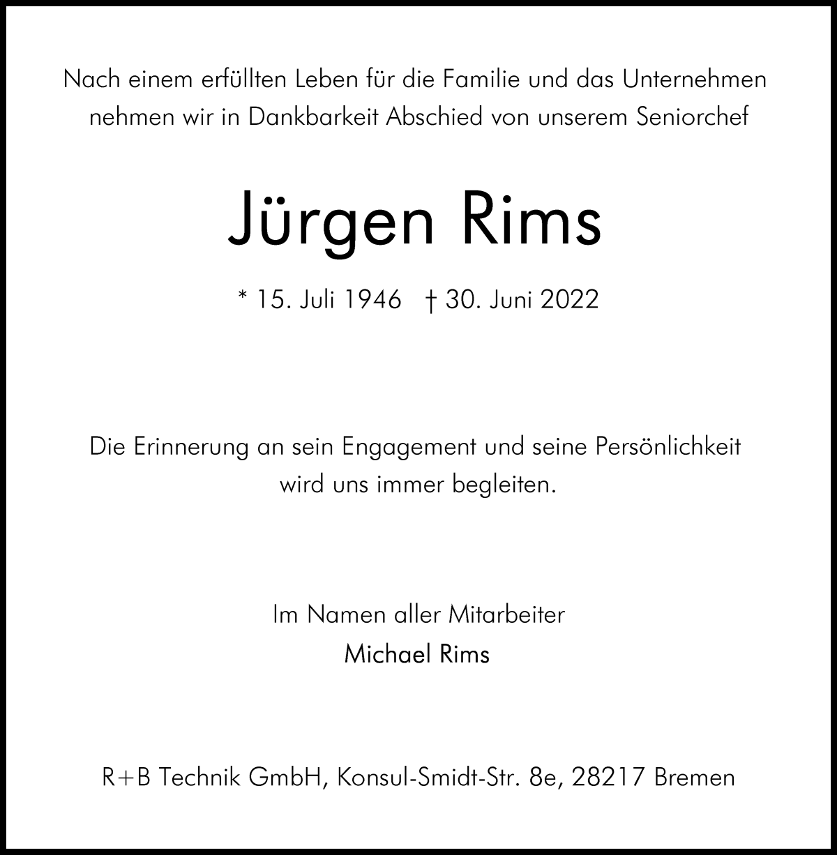  Traueranzeige für Jürgen Rims vom 09.07.2022 aus WESER-KURIER