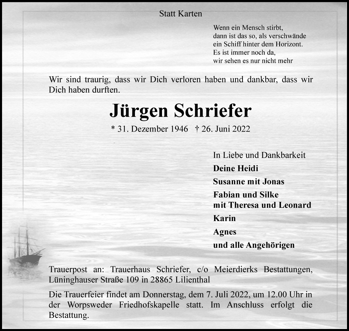  Traueranzeige für Jürgen Schriefer vom 02.07.2022 aus Wuemme Zeitung