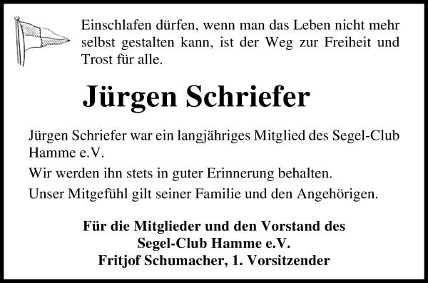 Traueranzeige von Jürgen Schriefer von Wuemme Zeitung