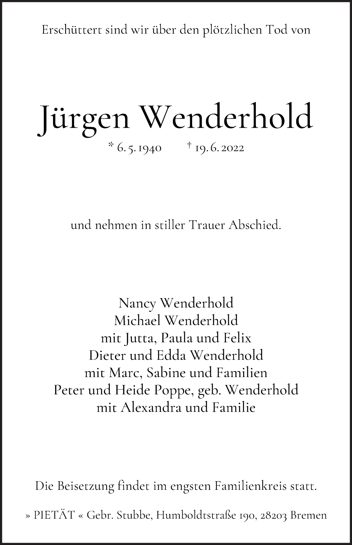  Traueranzeige für Jürgen Wenderhold vom 02.07.2022 aus WESER-KURIER