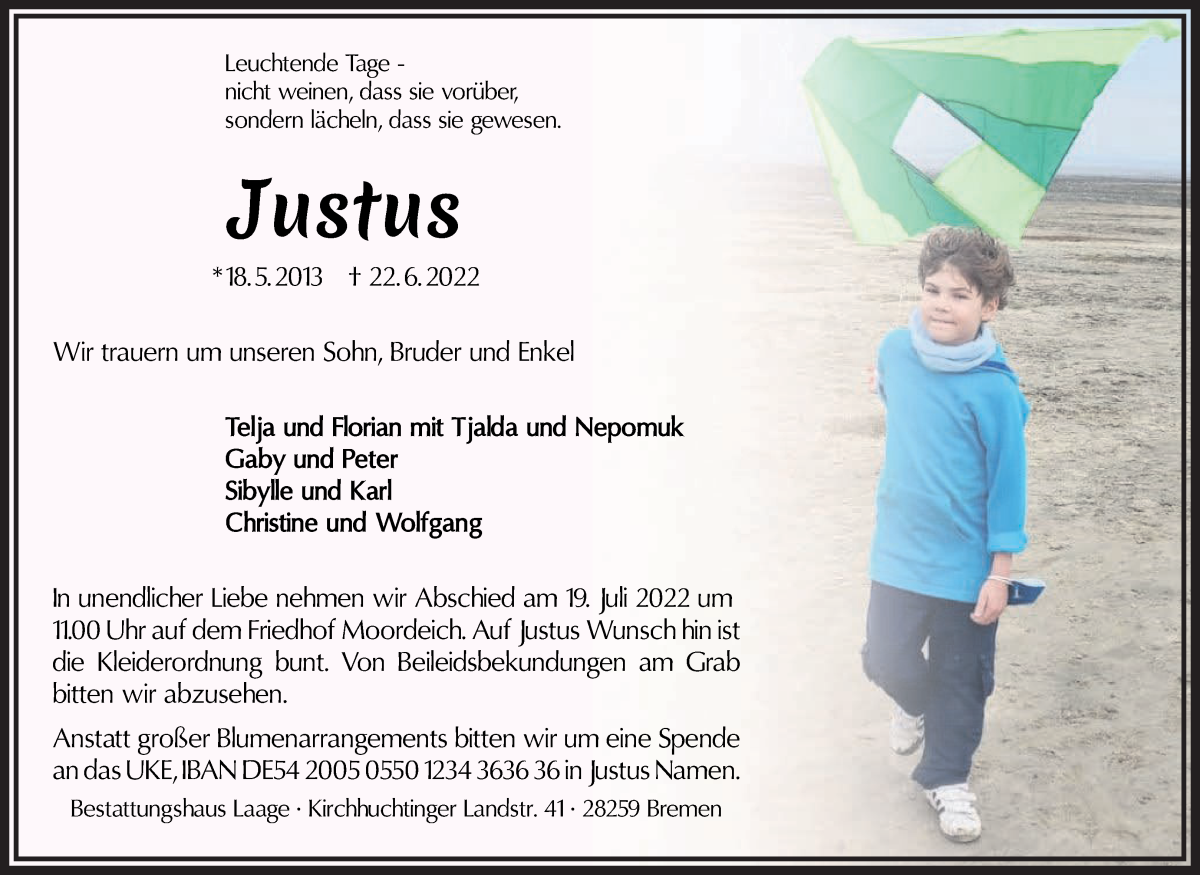  Traueranzeige für Justus Lemke vom 02.07.2022 aus WESER-KURIER
