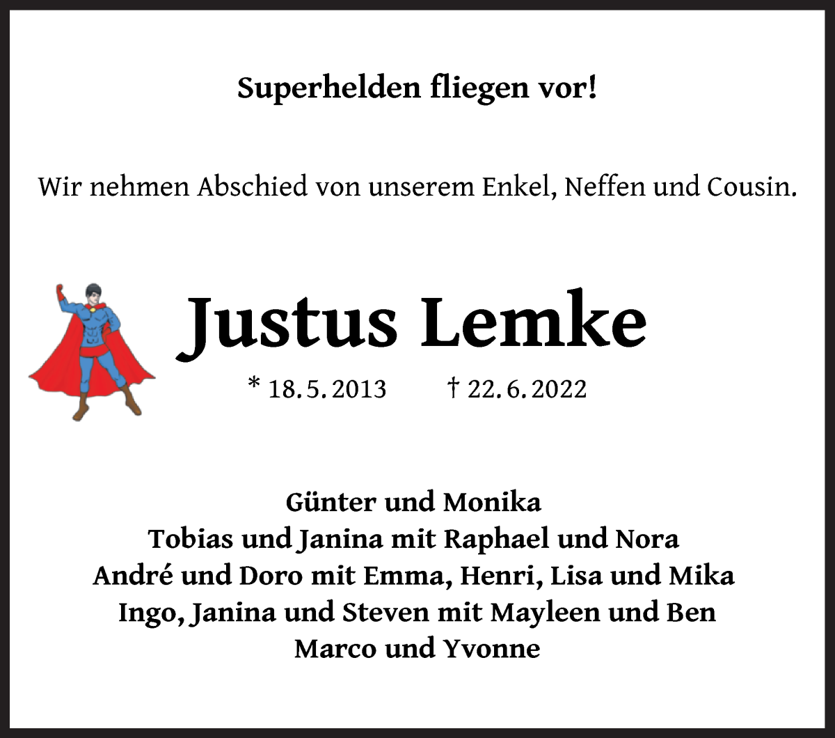  Traueranzeige für Justus Lemke vom 16.07.2022 aus WESER-KURIER