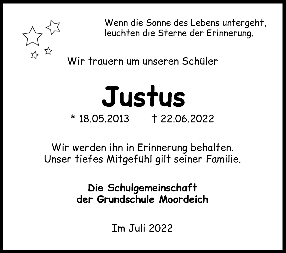  Traueranzeige für Justus Lemke vom 09.07.2022 aus Regionale Rundschau/Syker Kurier