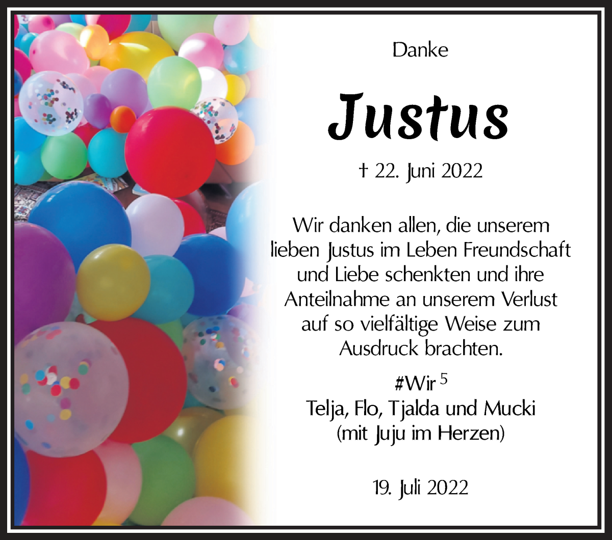  Traueranzeige für Justus Lemke vom 30.07.2022 aus WESER-KURIER