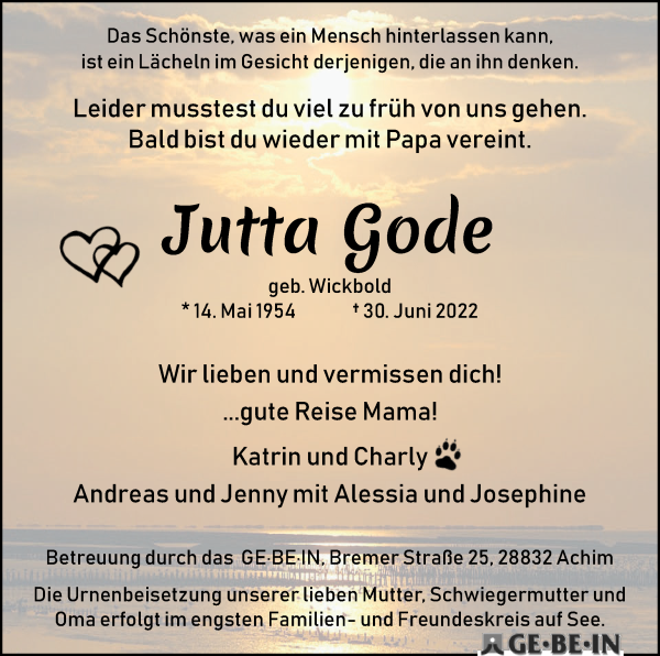 Traueranzeige von Jutta Gode von WESER-KURIER