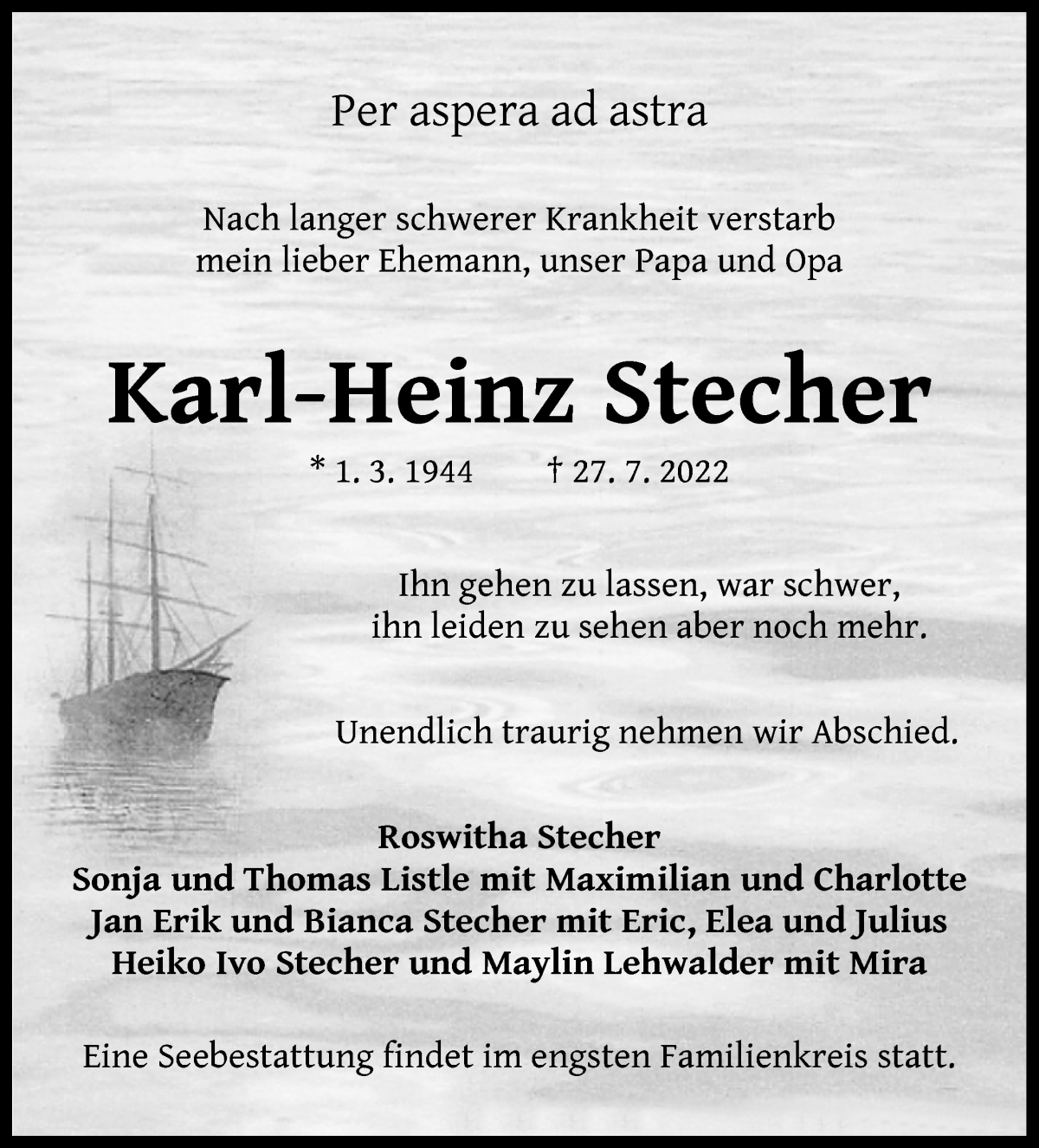  Traueranzeige für Karl-Heinz Stecher vom 30.07.2022 aus WESER-KURIER