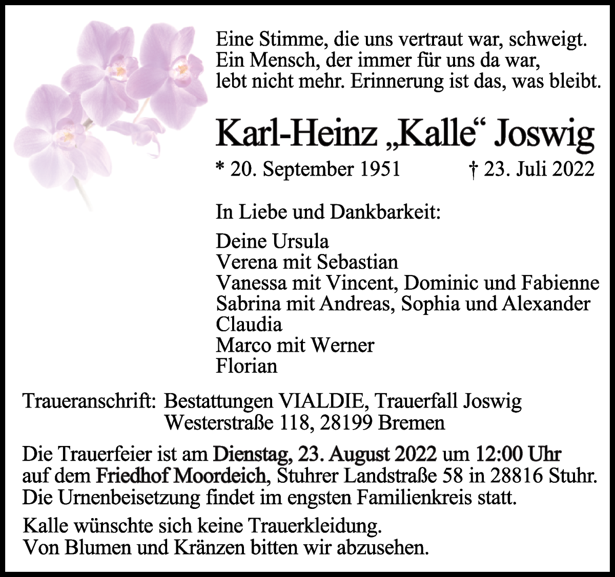  Traueranzeige für Karl-Heinz Kalle Joswig vom 30.07.2022 aus WESER-KURIER