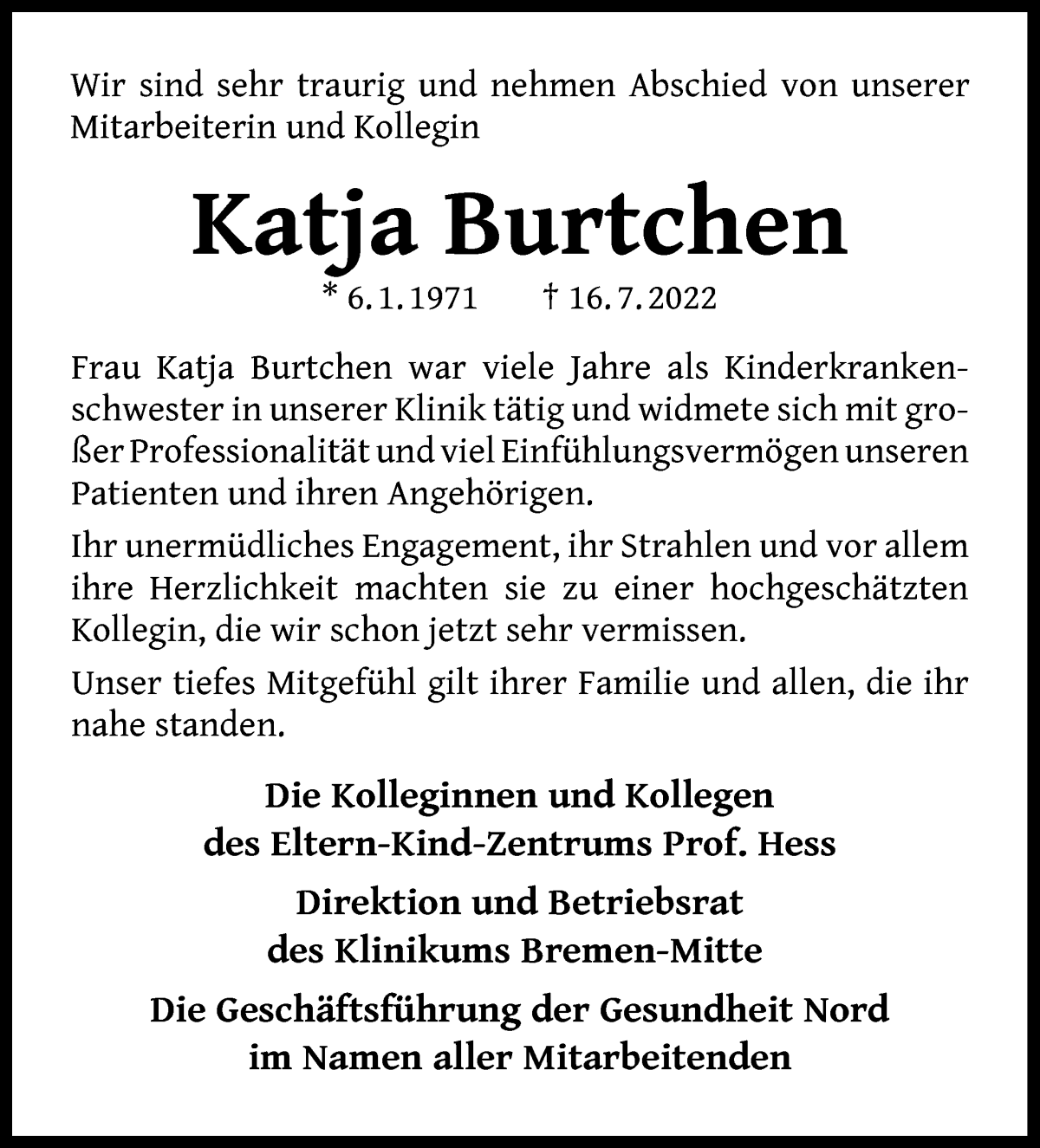  Traueranzeige für Katja Burtchen vom 30.07.2022 aus WESER-KURIER