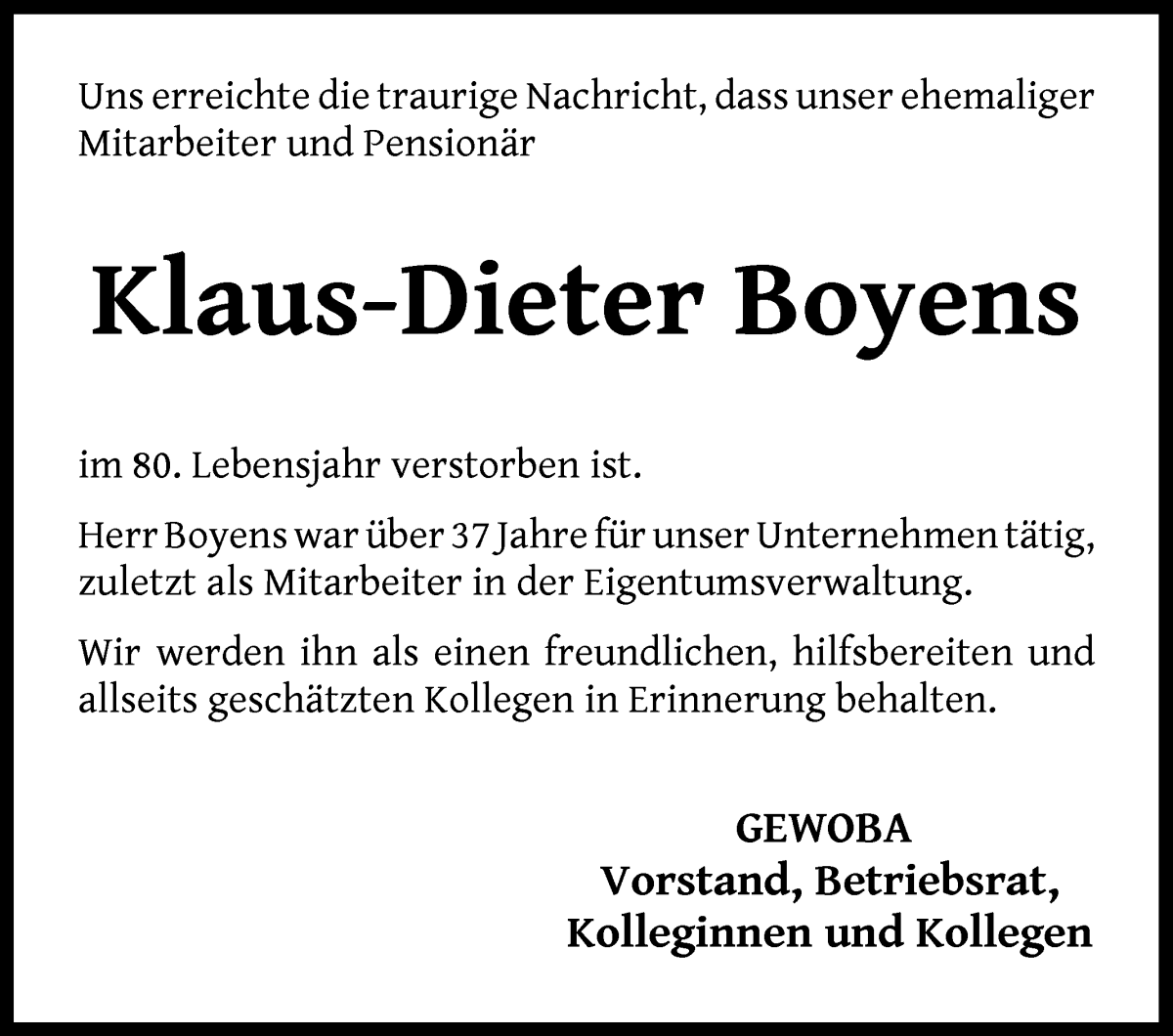 Traueranzeige von Klaus-Dieter Boyens von WESER-KURIER