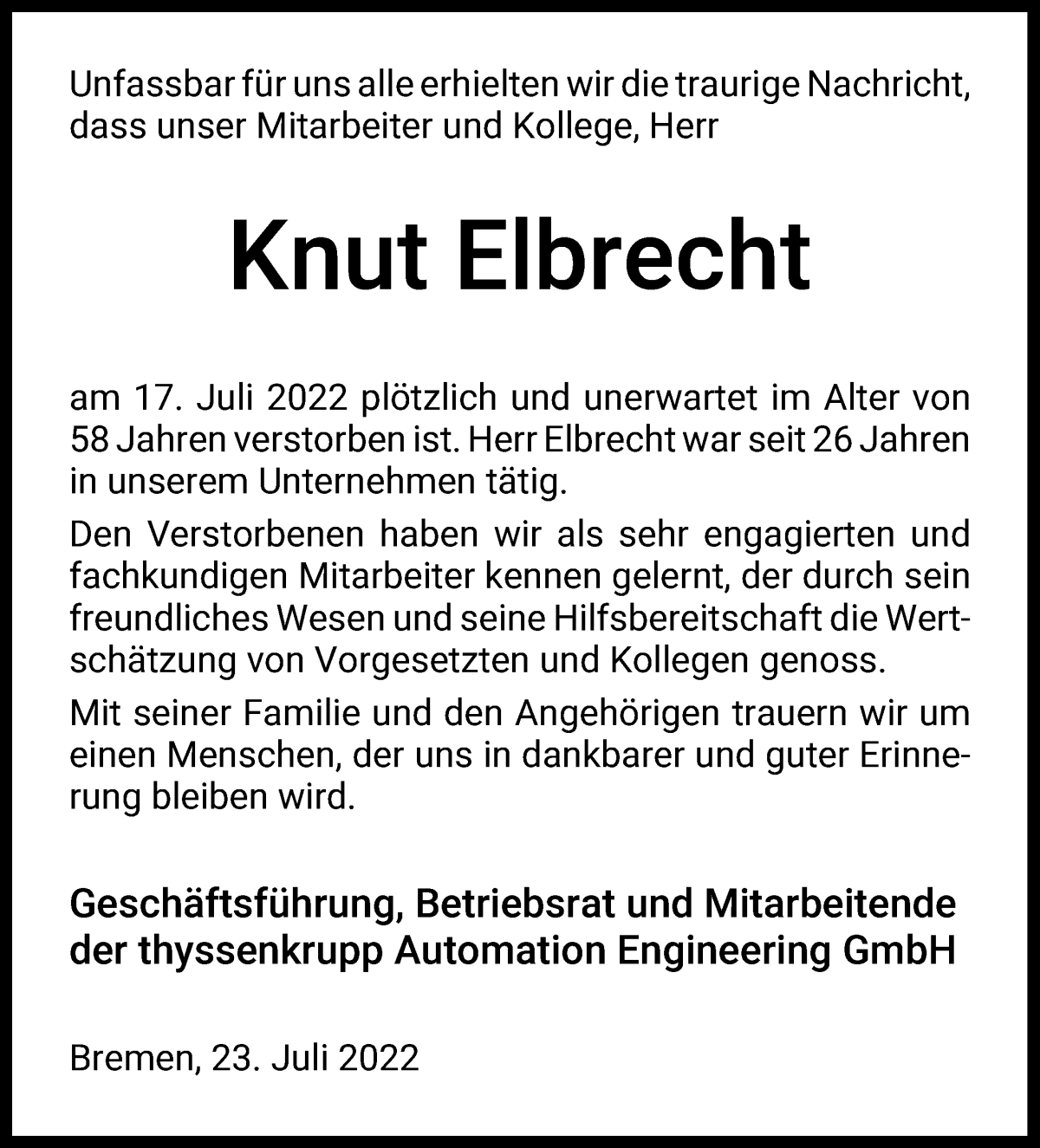 Traueranzeige von Knut Elbrecht von Die Norddeutsche