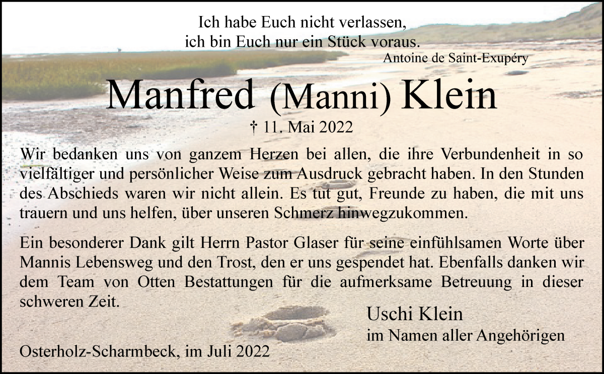  Traueranzeige für Manfred Klein vom 09.07.2022 aus Osterholzer Kreisblatt