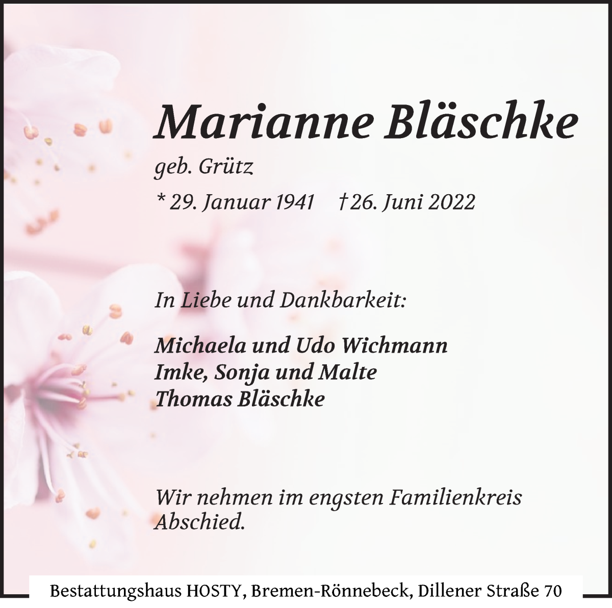 Traueranzeige von Marianne Bläschke von Die Norddeutsche