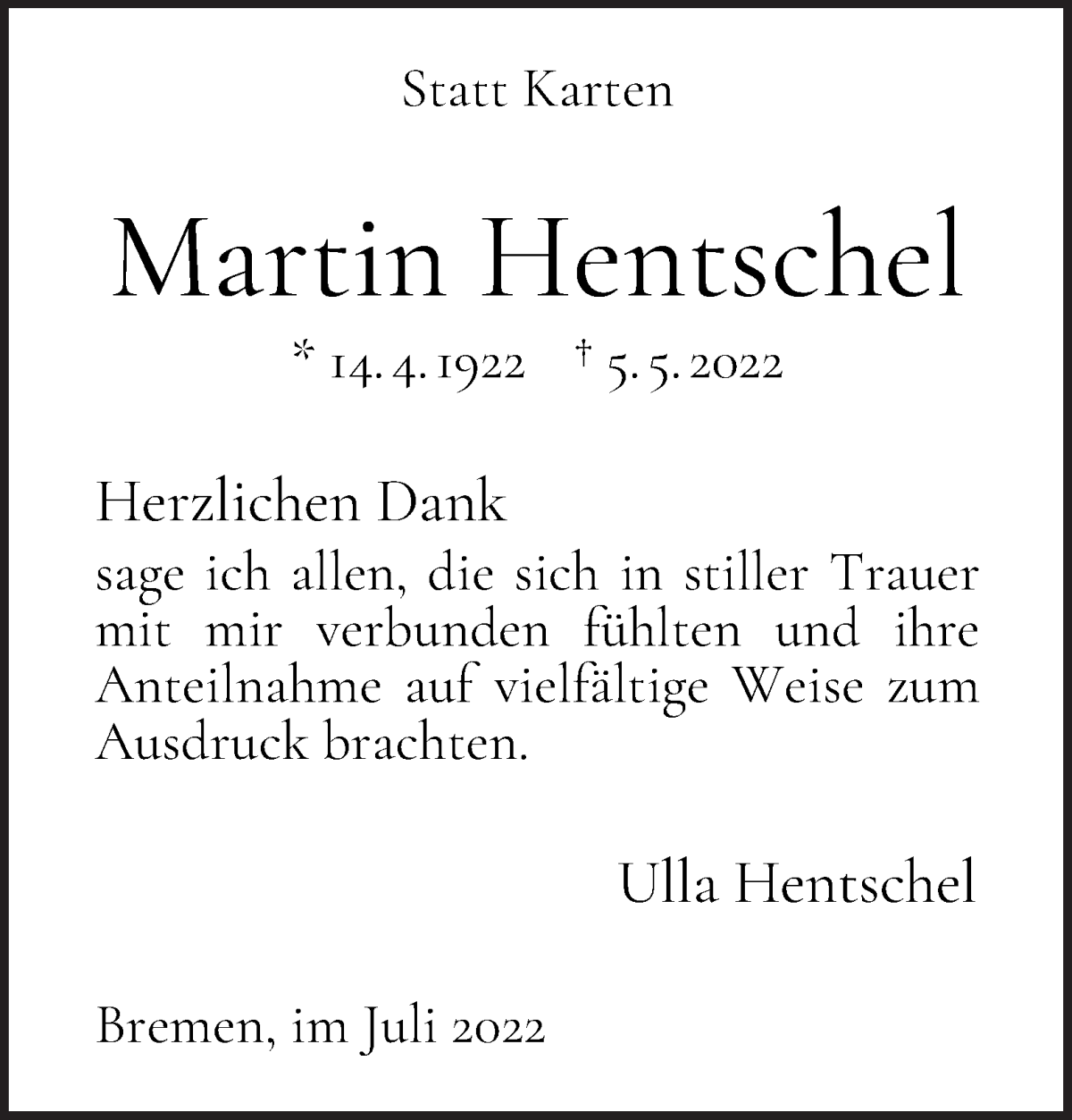 Traueranzeige von Martin Hentschel von WESER-KURIER