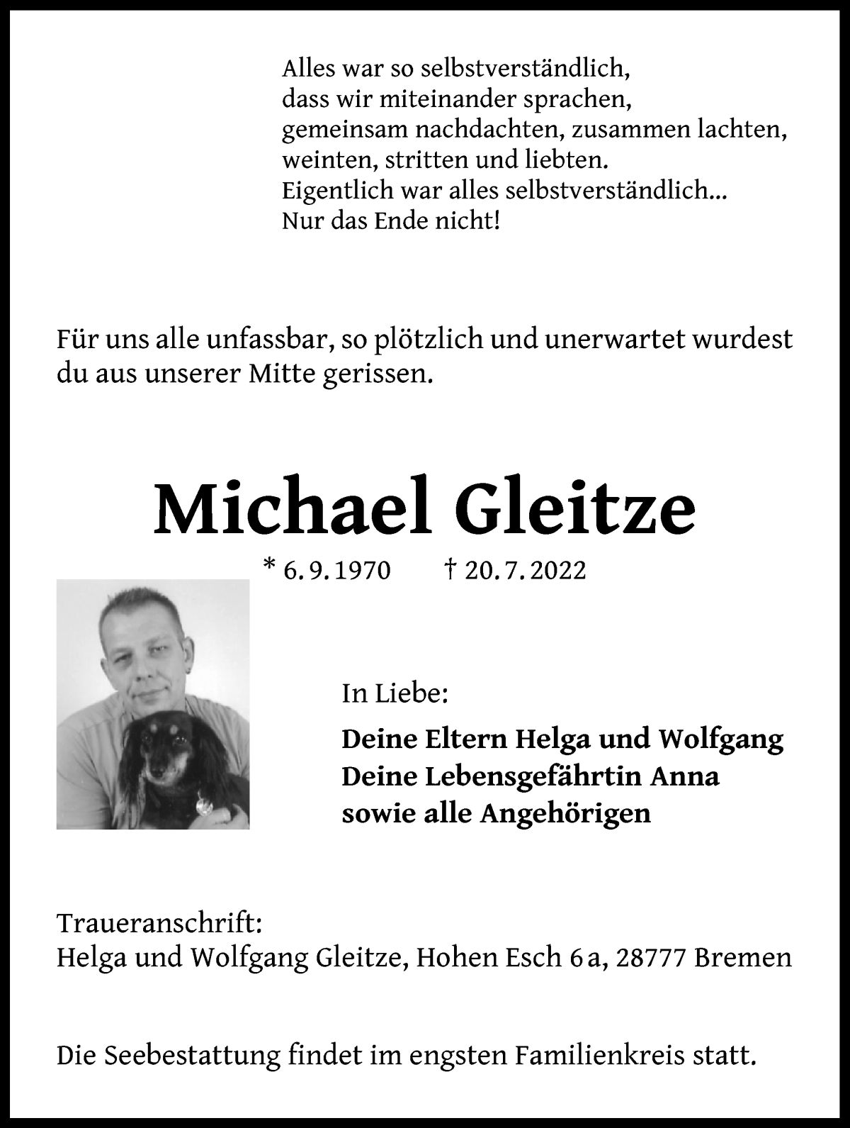Traueranzeige von Michael Gleitze von Die Norddeutsche