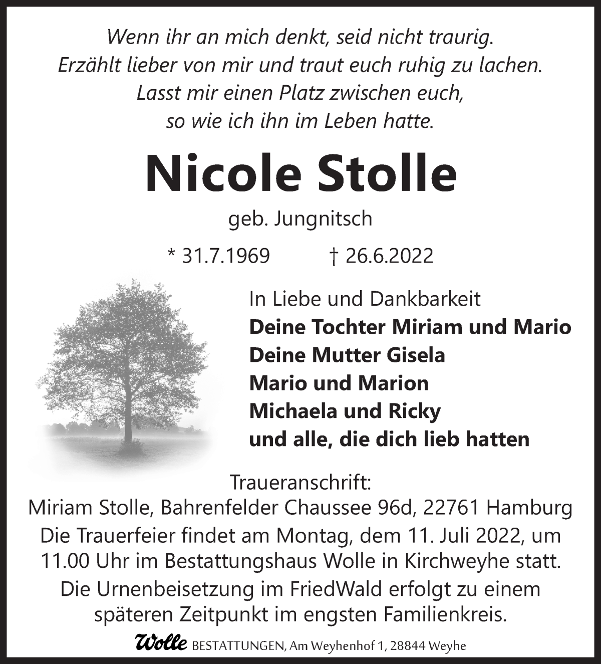  Traueranzeige für Nicole Stolle vom 02.07.2022 aus WESER-KURIER