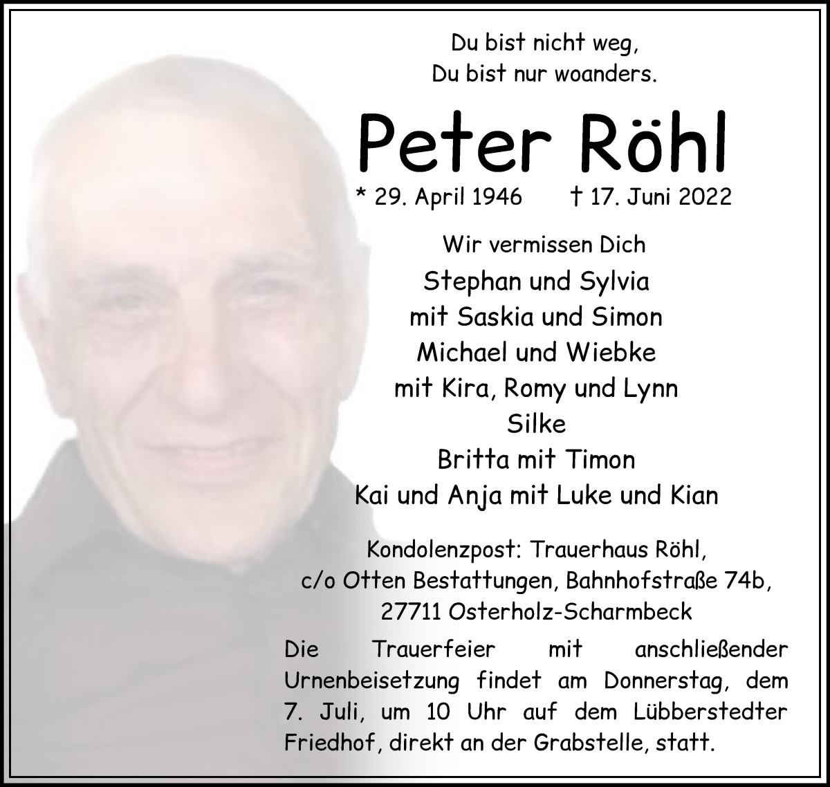 Traueranzeige für Peter Röhl vom 01.07.2022 aus Osterholzer Kreisblatt