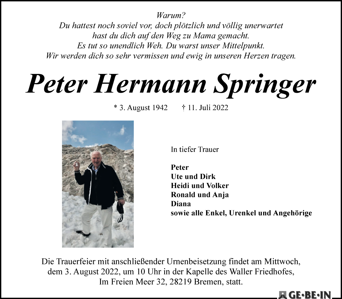 Traueranzeige von Peter Hermann Springer von WESER-KURIER