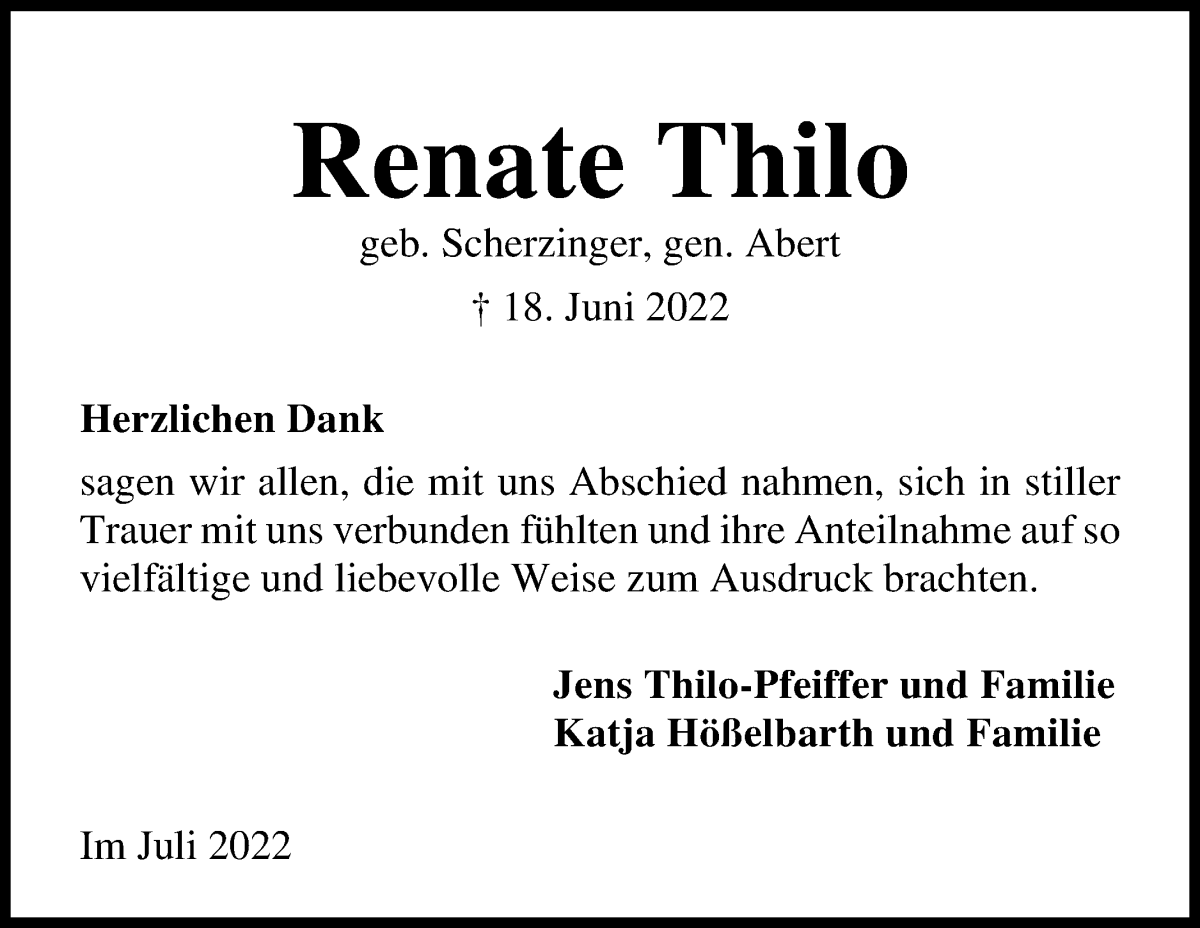  Traueranzeige für Renate Thilo vom 14.07.2022 aus WESER-KURIER