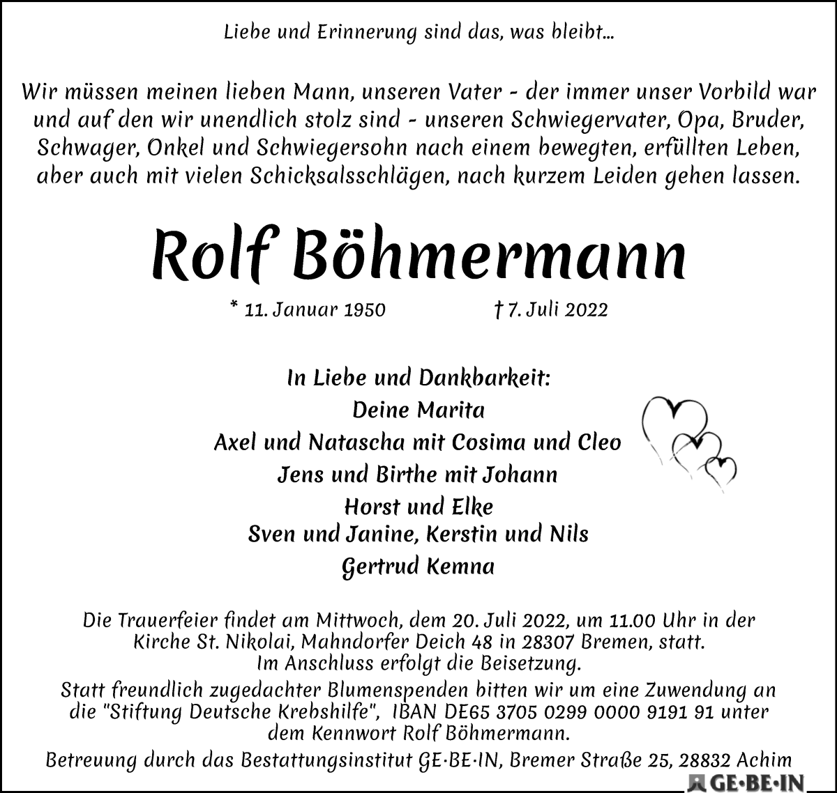  Traueranzeige für Rolf Böhmermann vom 16.07.2022 aus WESER-KURIER