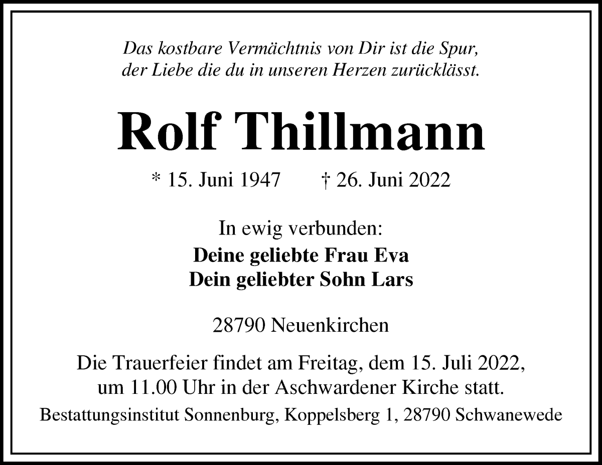 Traueranzeige von Rolf Thillmann von Die Norddeutsche