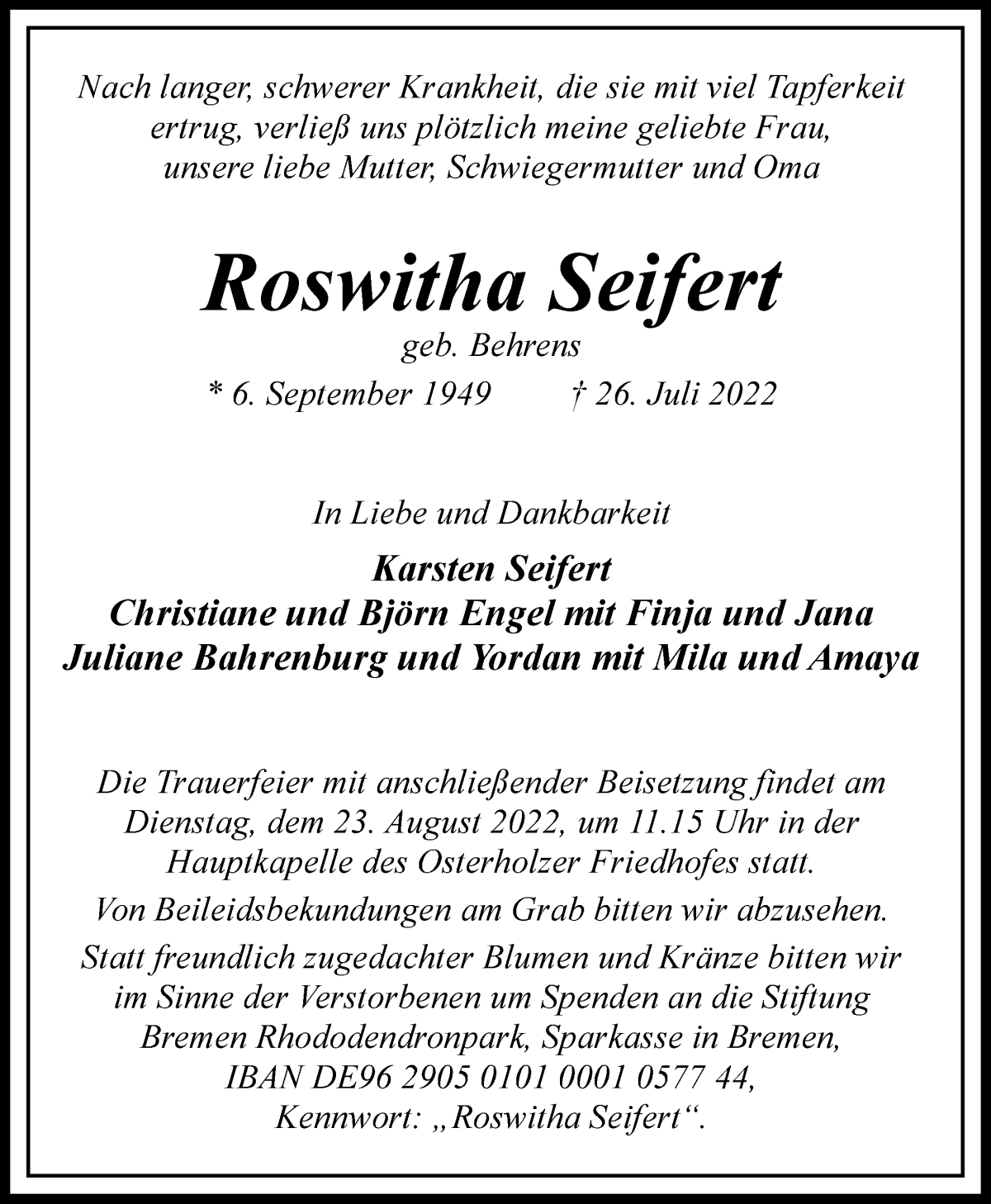 Traueranzeige von Roswitha Seifert von WESER-KURIER