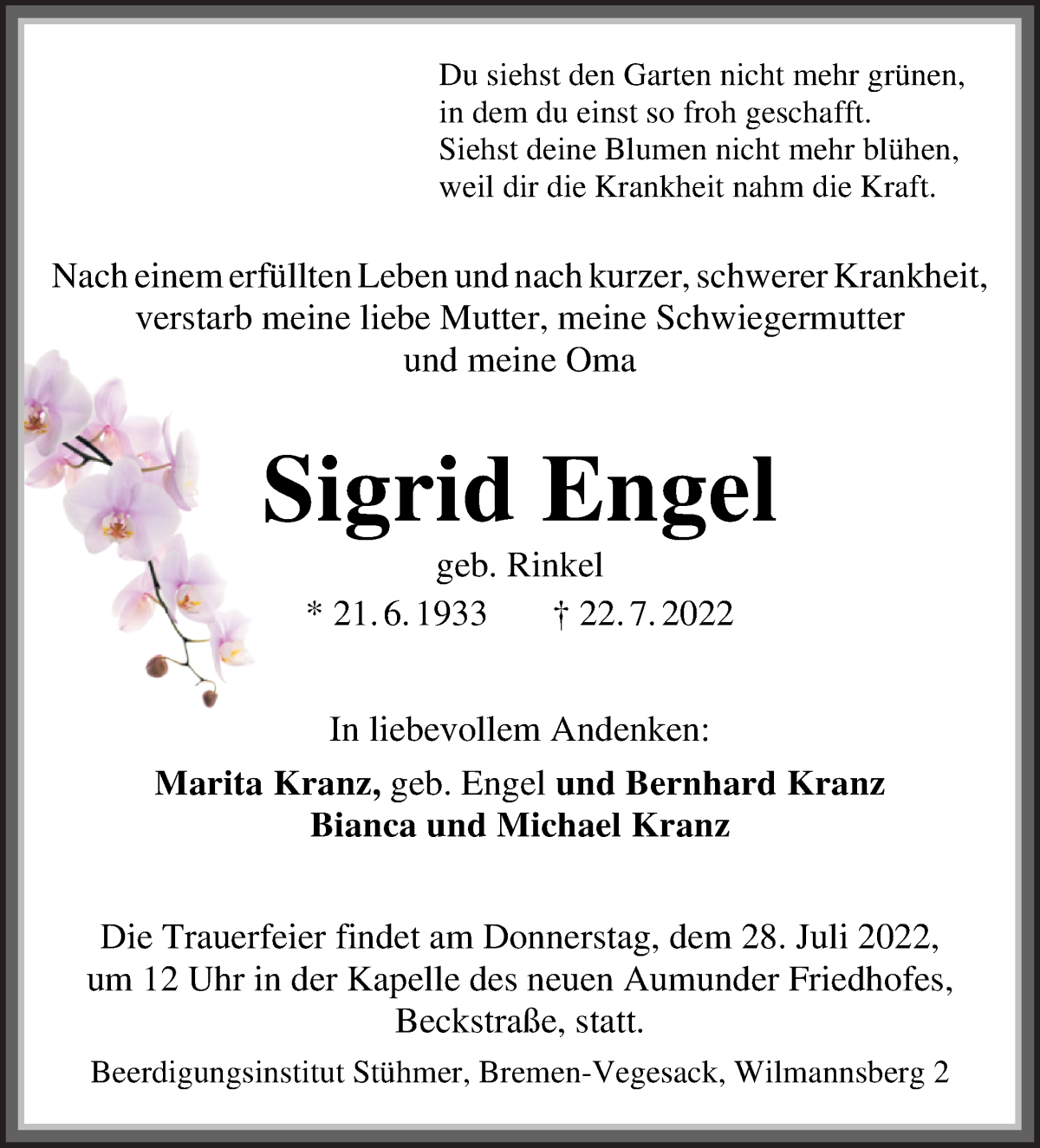 Traueranzeige für Sigrid Engel vom 26.07.2022 aus Die Norddeutsche
