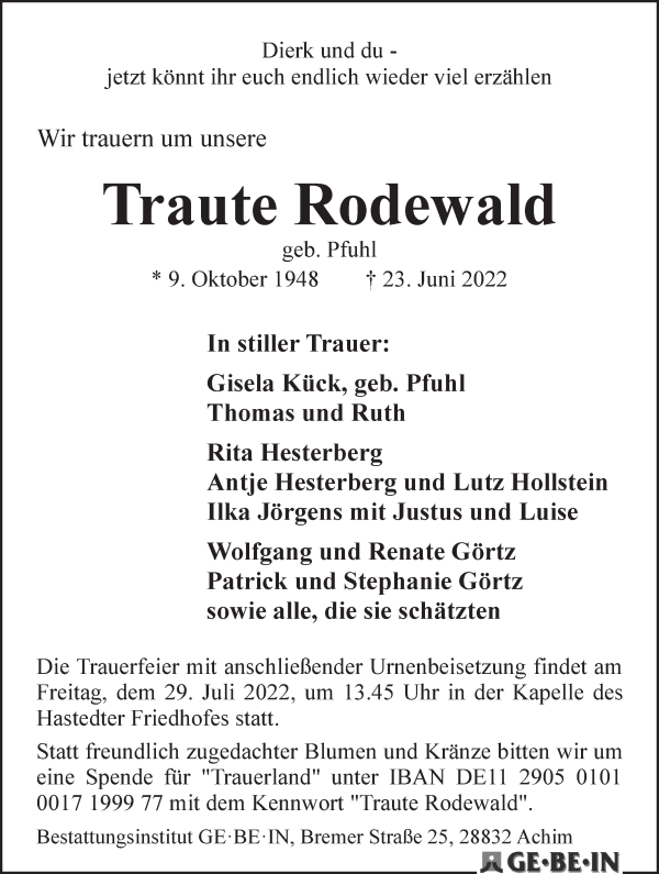 Traueranzeige von Traute Rodewald von WESER-KURIER