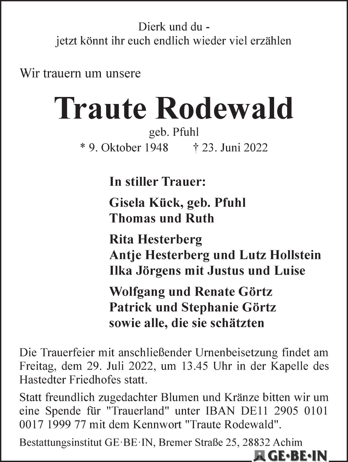  Traueranzeige für Traute Rodewald vom 02.07.2022 aus WESER-KURIER