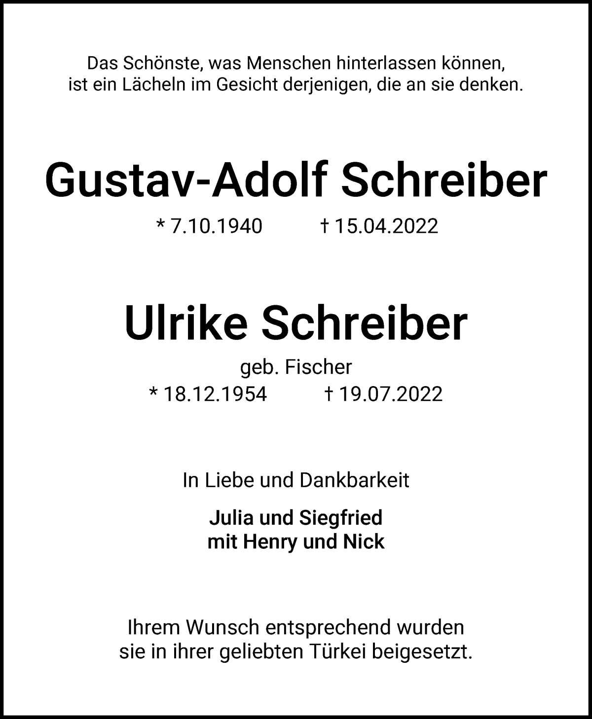 Traueranzeige von Ulrike und Gustav-Adolf Schreiber von WESER-KURIER