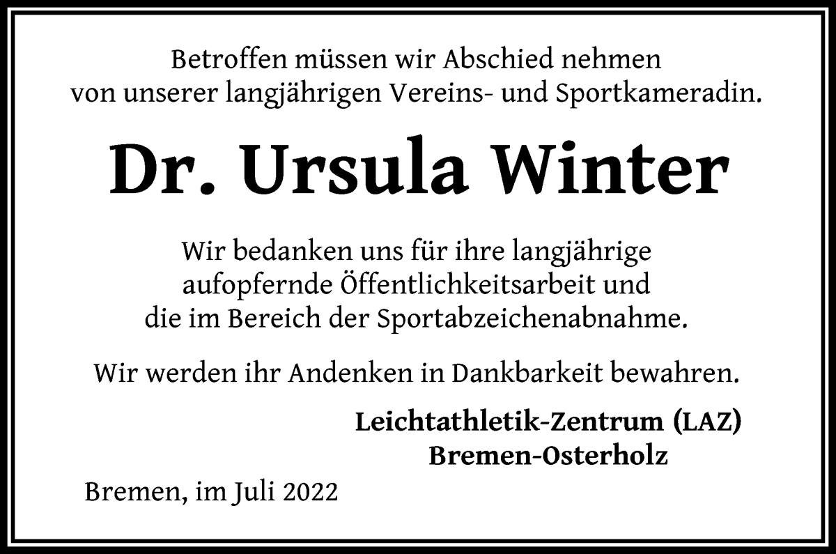 Traueranzeige von Ursula Winter von WESER-KURIER