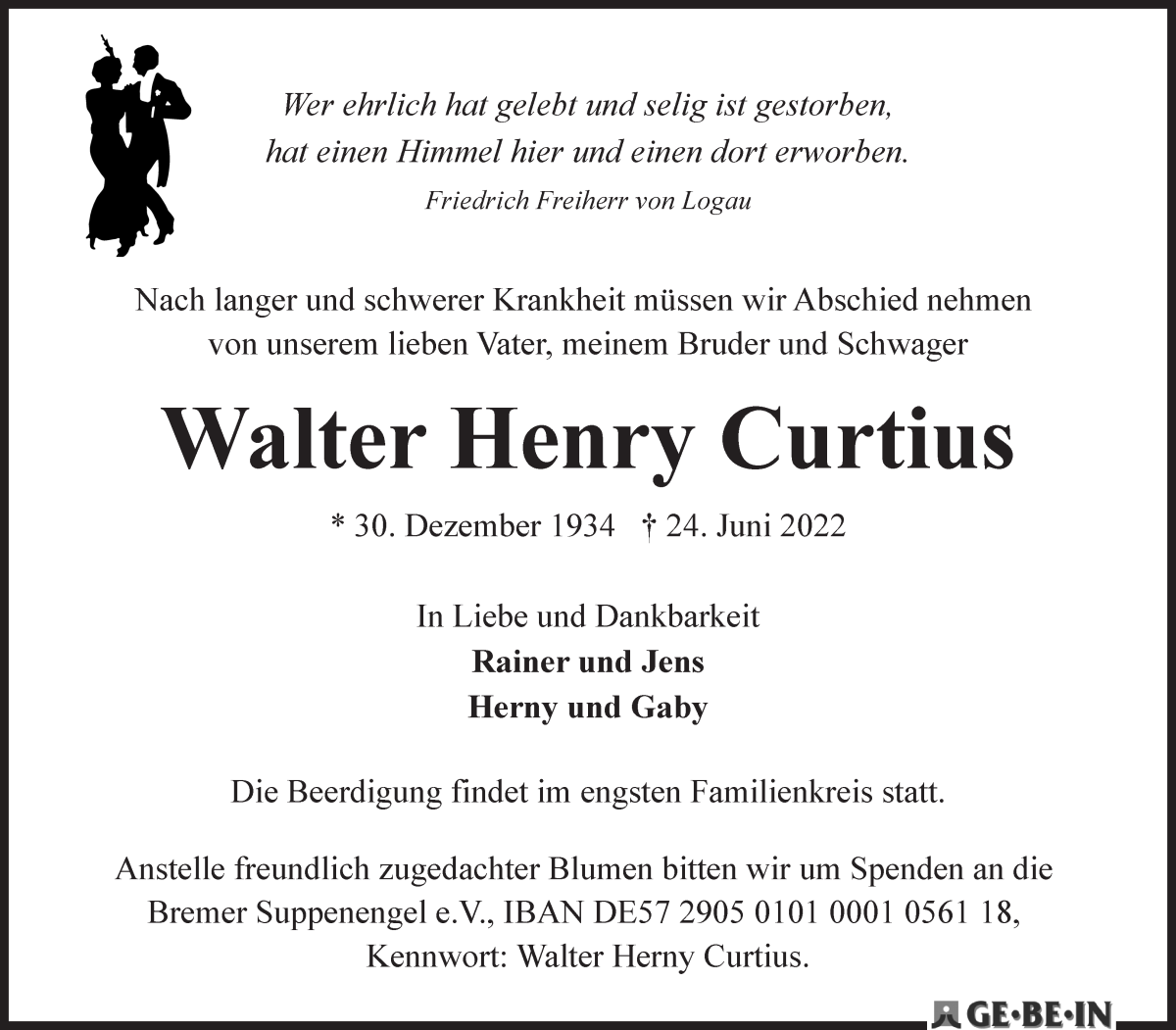 Traueranzeige von Walter Henry Curtius von WESER-KURIER