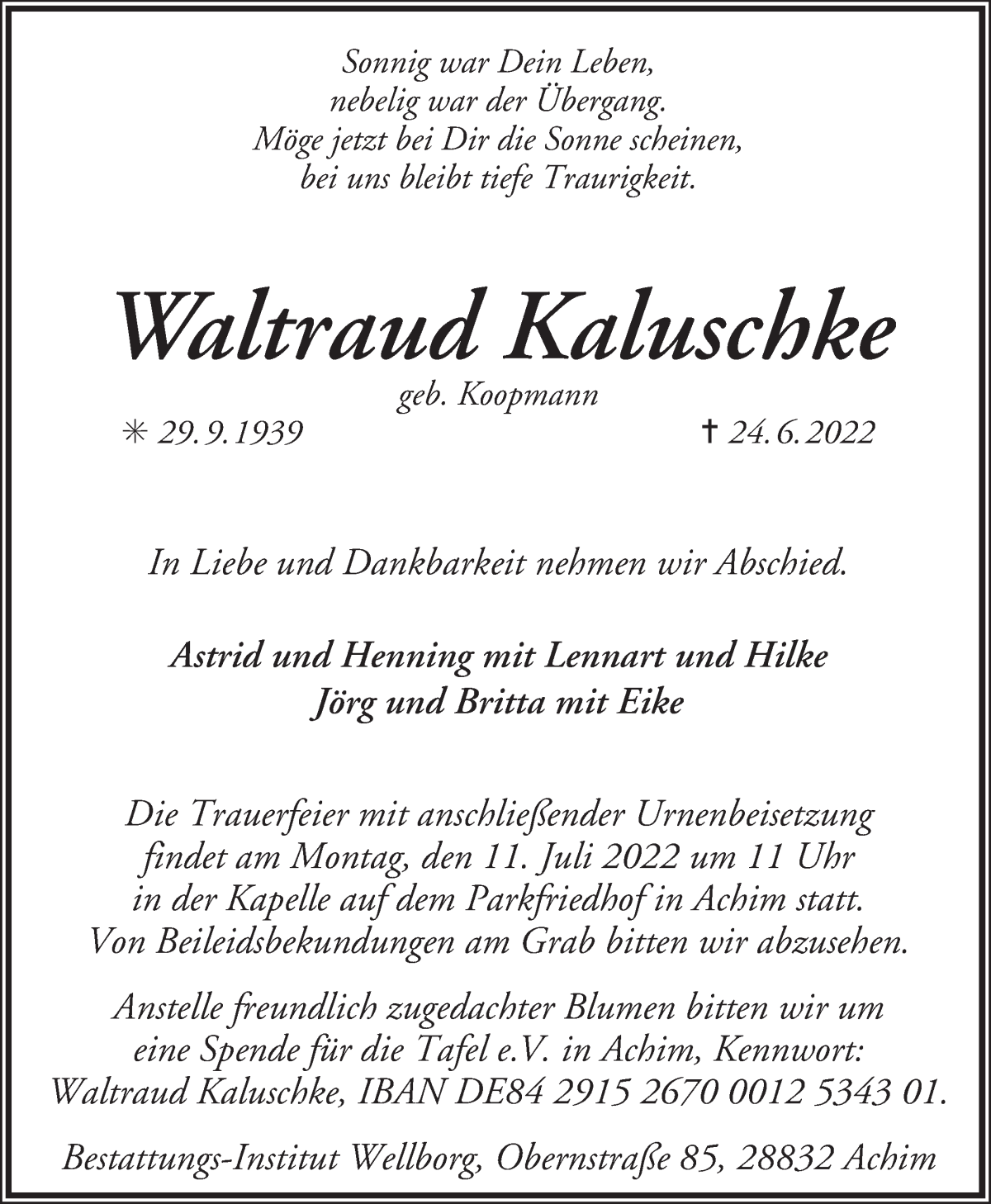 Traueranzeige von Waltraud Kaluschke von Achimer Kurier/Verdener Nachrichten