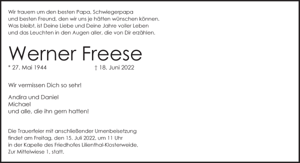 Traueranzeige von Werner Freese von WESER-KURIER