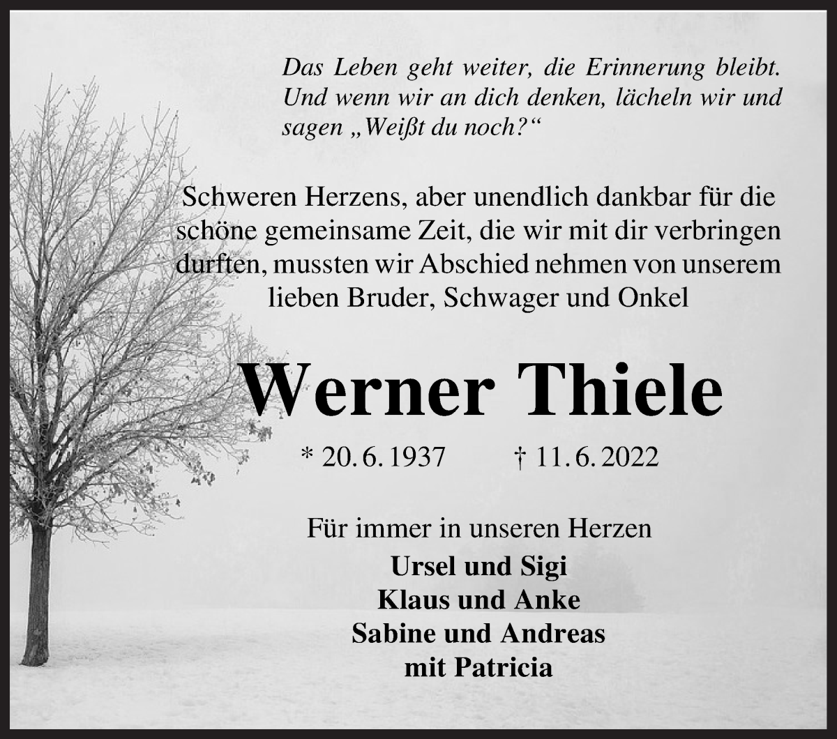  Traueranzeige für Werner Thiele vom 02.07.2022 aus WESER-KURIER