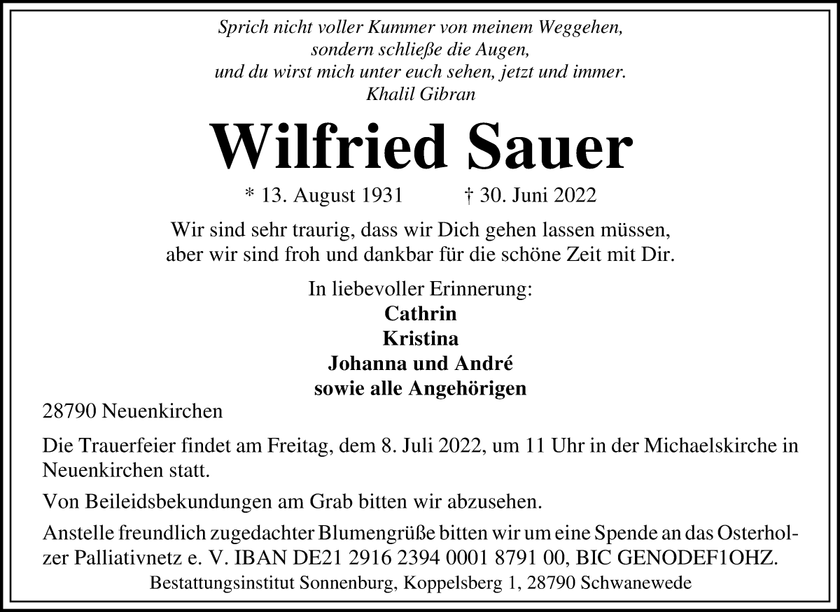 Traueranzeige von Wilfried Sauer von Die Norddeutsche