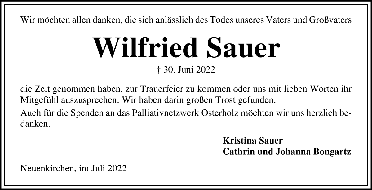 Traueranzeige von Wilfried Sauer von Die Norddeutsche