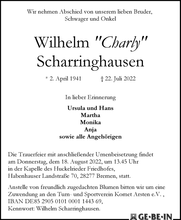Traueranzeige von Wilhelm Scharringhausen von WESER-KURIER