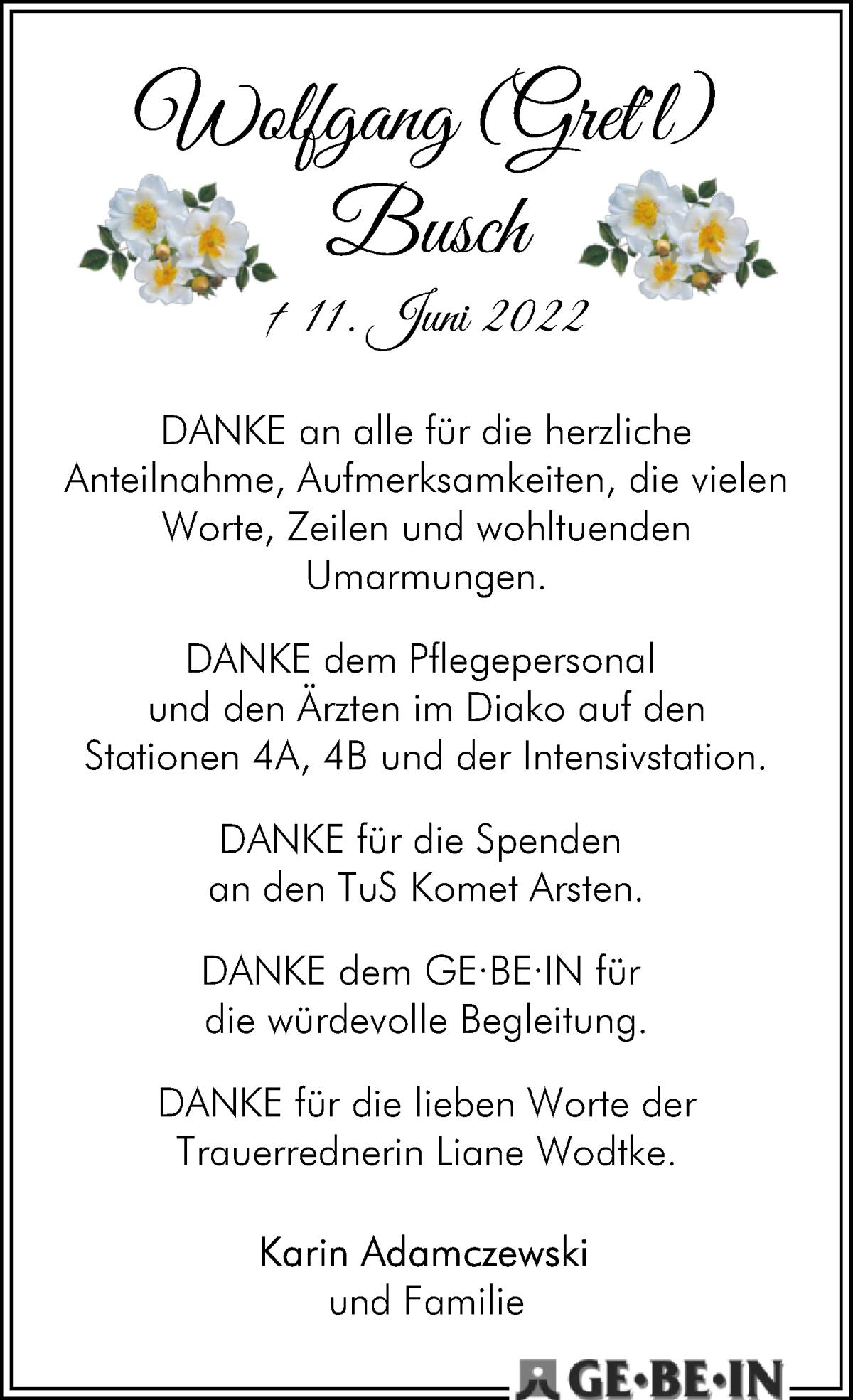  Traueranzeige für Wolfgang Busch vom 16.07.2022 aus WESER-KURIER