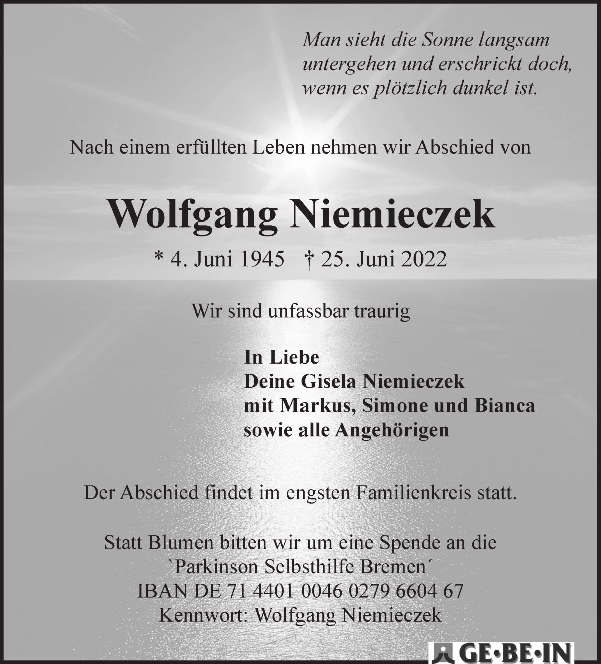 Traueranzeige von Wolfgang Niemieczek von WESER-KURIER