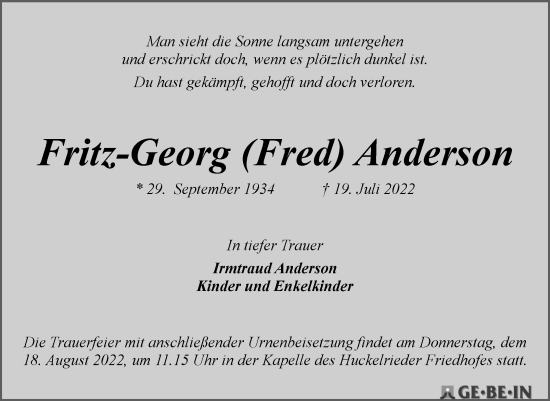 Traueranzeige von Fritz-Georg Anderson von Weser Kurier Gesamtausgabe