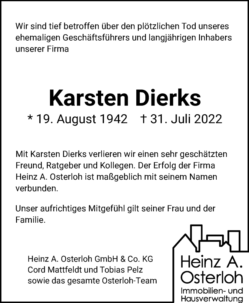  Traueranzeige für Karsten Dierks vom 13.08.2022 aus Weser Kurier Gesamtausgabe